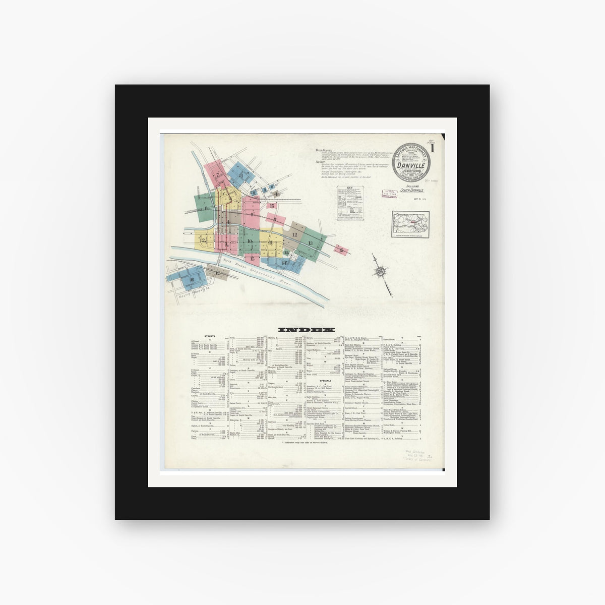 Old map wall art mockup — black gallery frame with white mat — Sanborn Fire Insurance Map from Danville, Montour County, Pennsylvania (1913), Sheet #0001