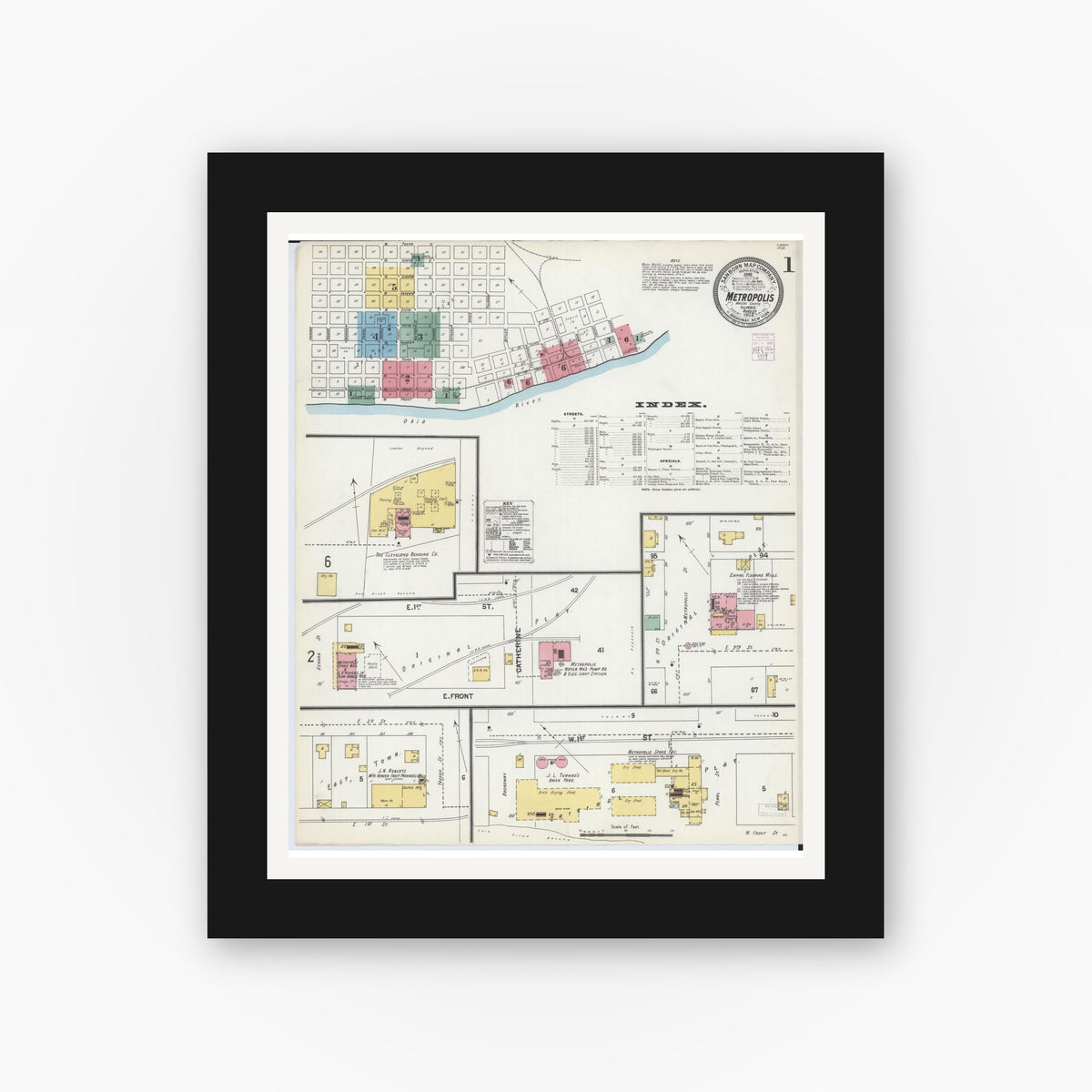 Old map wall art mockup — black gallery frame with white mat — Sanborn Fire Insurance Map from Metropolis, Massac County, Illinois (1902) - Complete Map Set