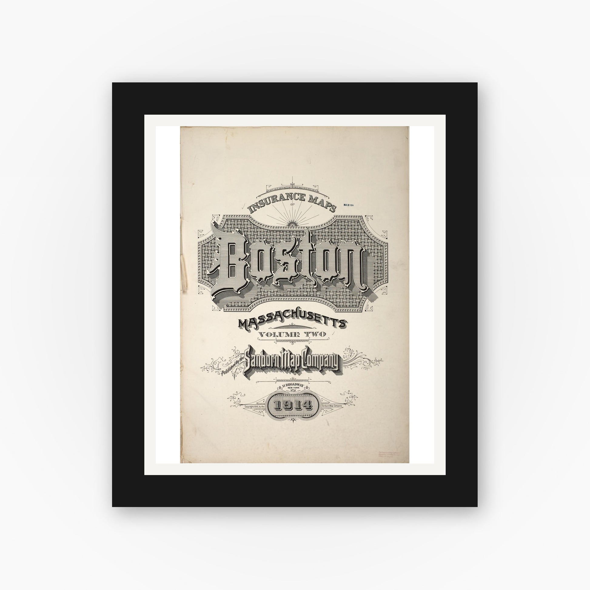Old map wall art mockup — black gallery frame with white mat — Sanborn Fire Insurance Map from Boston, Suffolk County, Massachusetts (1914), Sheet #0001 TITLE PAGE ART