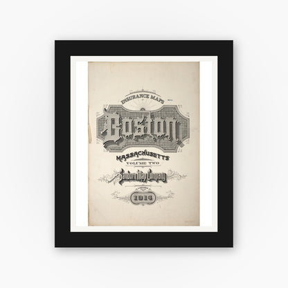 Old map wall art mockup — black gallery frame with white mat — Sanborn Fire Insurance Map from Boston, Suffolk County, Massachusetts (1914), Sheet #0001 TITLE PAGE ART