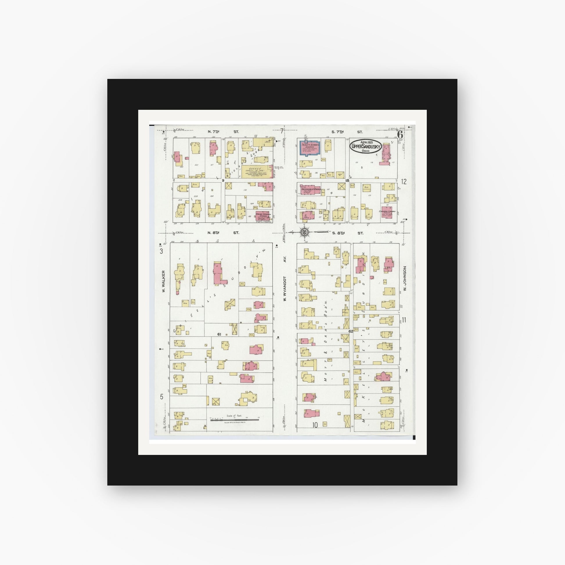 Old map wall art mockup — black gallery frame with white mat — Sanborn Fire Insurance Map from Upper Sandusky, Wyandot County, Ohio (1921), Sheet #0006