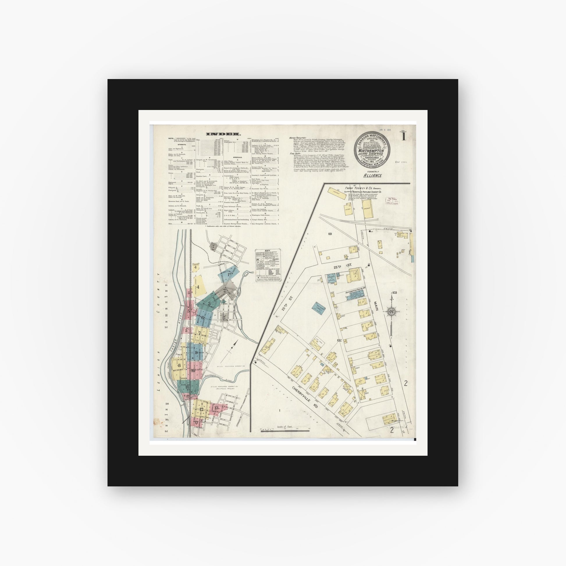 Old map wall art mockup — black gallery frame with white mat — Sanborn Fire Insurance Map from Northampton, Northampton County, Pennsylvania (1911), Sheet #0001