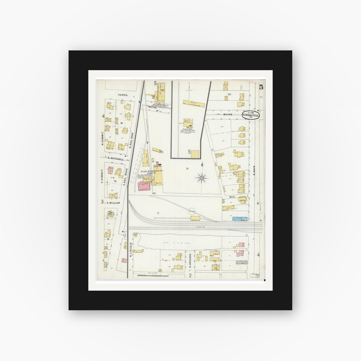 Old map wall art mockup — black gallery frame with white mat — Sanborn Fire Insurance Map from Kendallville, Noble County, Indiana (1896), Sheet #0005