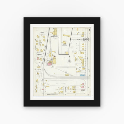 Old map wall art mockup — black gallery frame with white mat — Sanborn Fire Insurance Map from Kendallville, Noble County, Indiana (1896), Sheet #0005