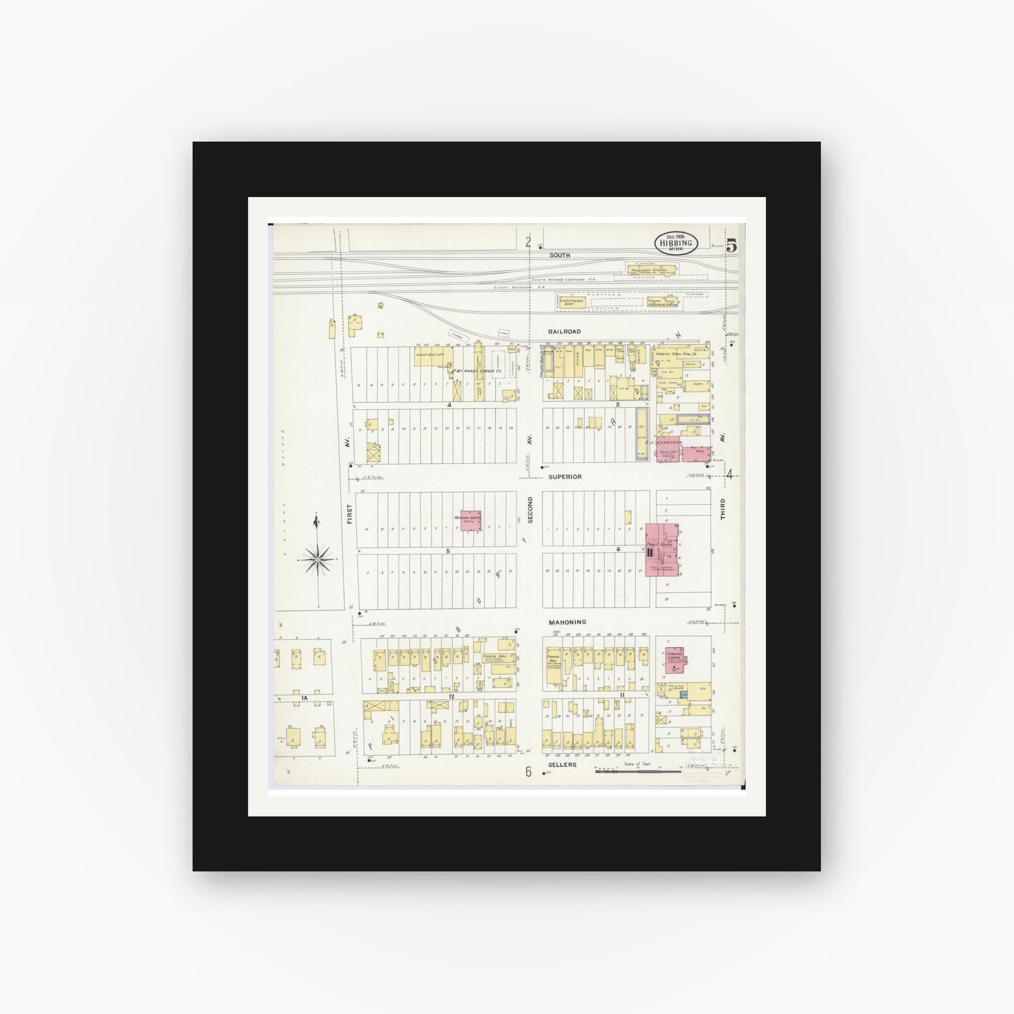 Old map wall art mockup — black gallery frame with white mat — Sanborn Fire Insurance Map from Hibbing, Saint Louis County, Minnesota (1908), Sheet #0005
