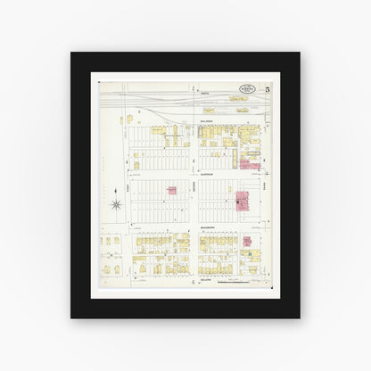 Old map wall art mockup — black gallery frame with white mat — Sanborn Fire Insurance Map from Hibbing, Saint Louis County, Minnesota (1908), Sheet #0005