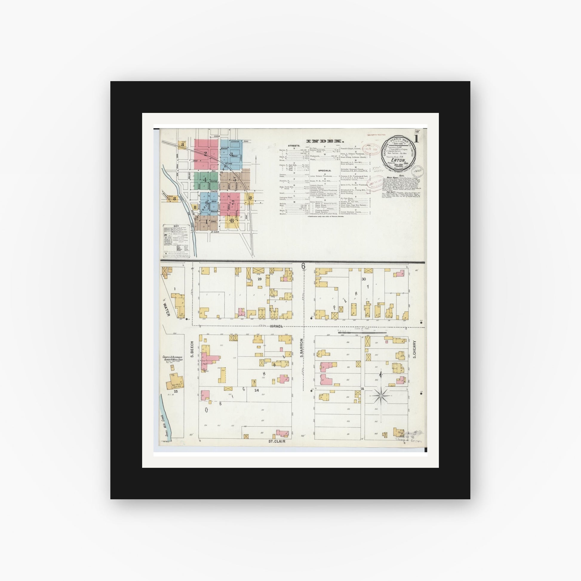 Old map wall art mockup — black gallery frame with white mat — Sanborn Fire Insurance Map from Eaton, Preble County, Ohio (1899) - Complete Map Set