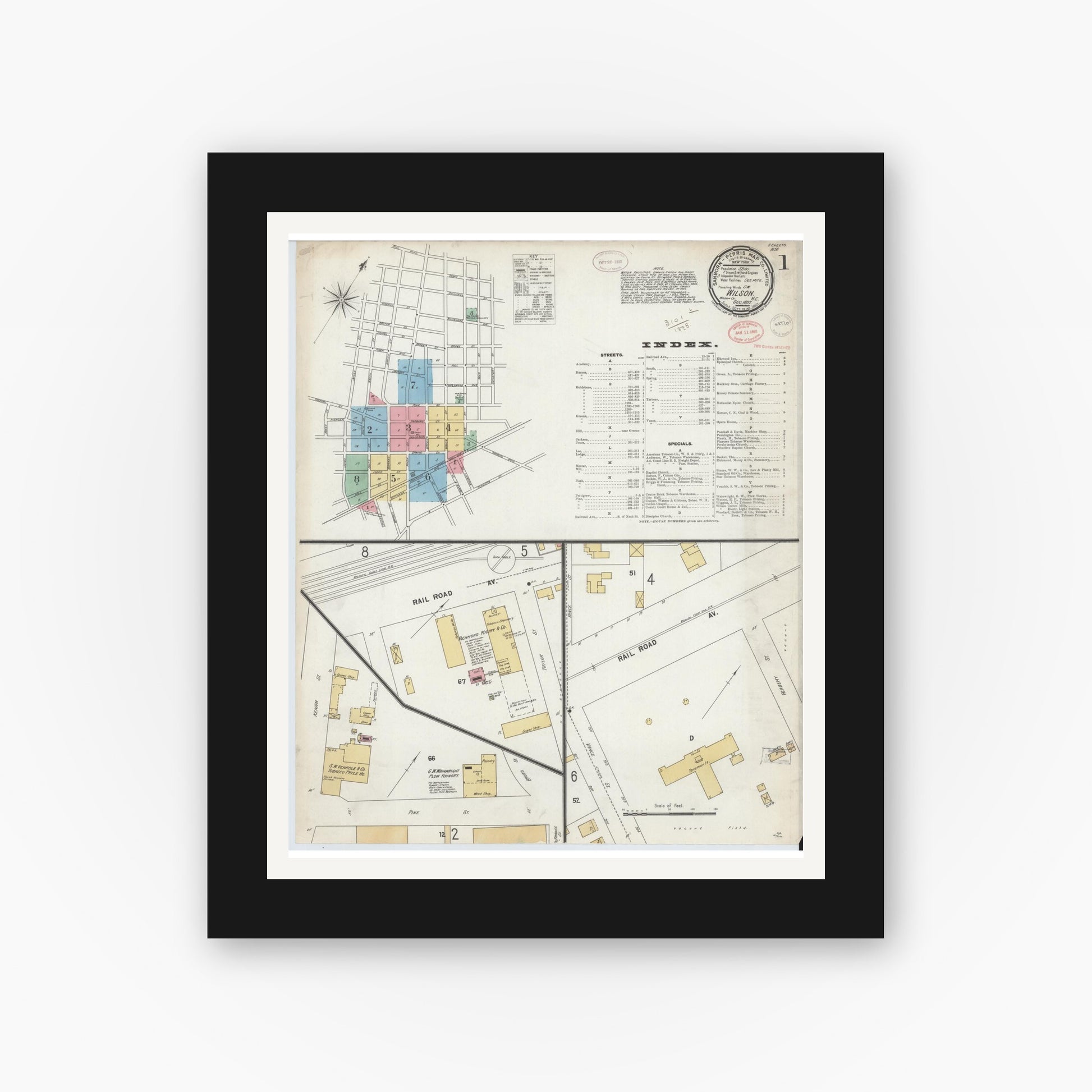 Old map wall art mockup — black gallery frame with white mat — Sanborn Fire Insurance Map from Wilson, Wilson County, North Carolina (1897) - Complete Map Set