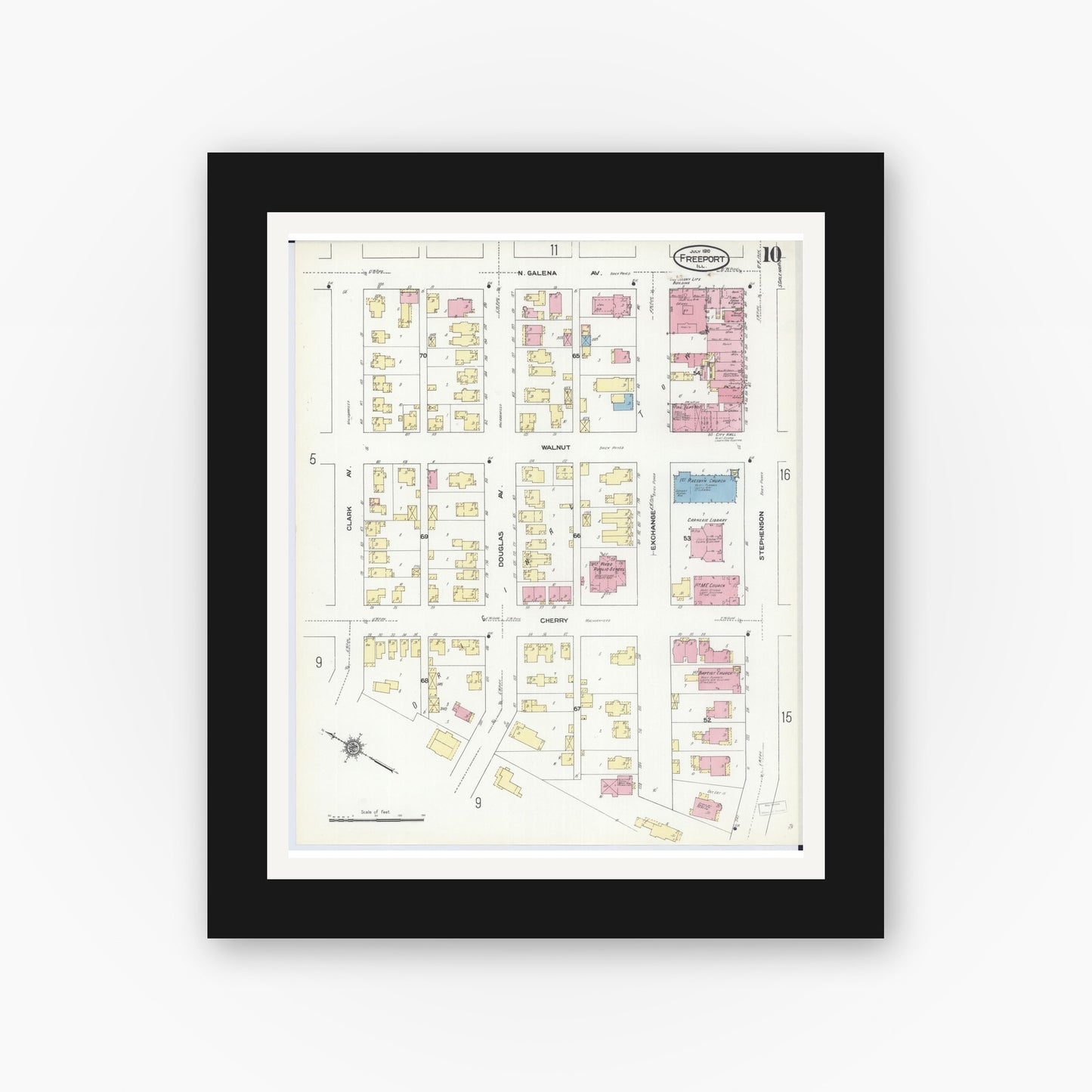 Old map wall art mockup — black gallery frame with white mat — Sanborn Fire Insurance Map from Freeport, Stephenson County, Illinois (1910), Sheet #0010