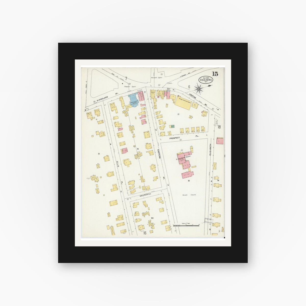 Old map wall art mockup — black gallery frame with white mat — Sanborn Fire Insurance Map from Ossining, Westchester County, New York (1903), Sheet #0015