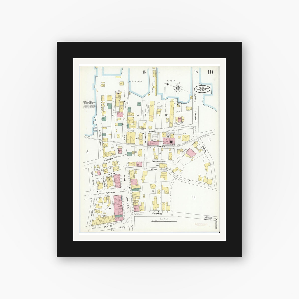 Old map wall art mockup — black gallery frame with white mat — Sanborn Fire Insurance Map from Nantucket, Nantucket County, Massachusetts (1909), Sheet #0010