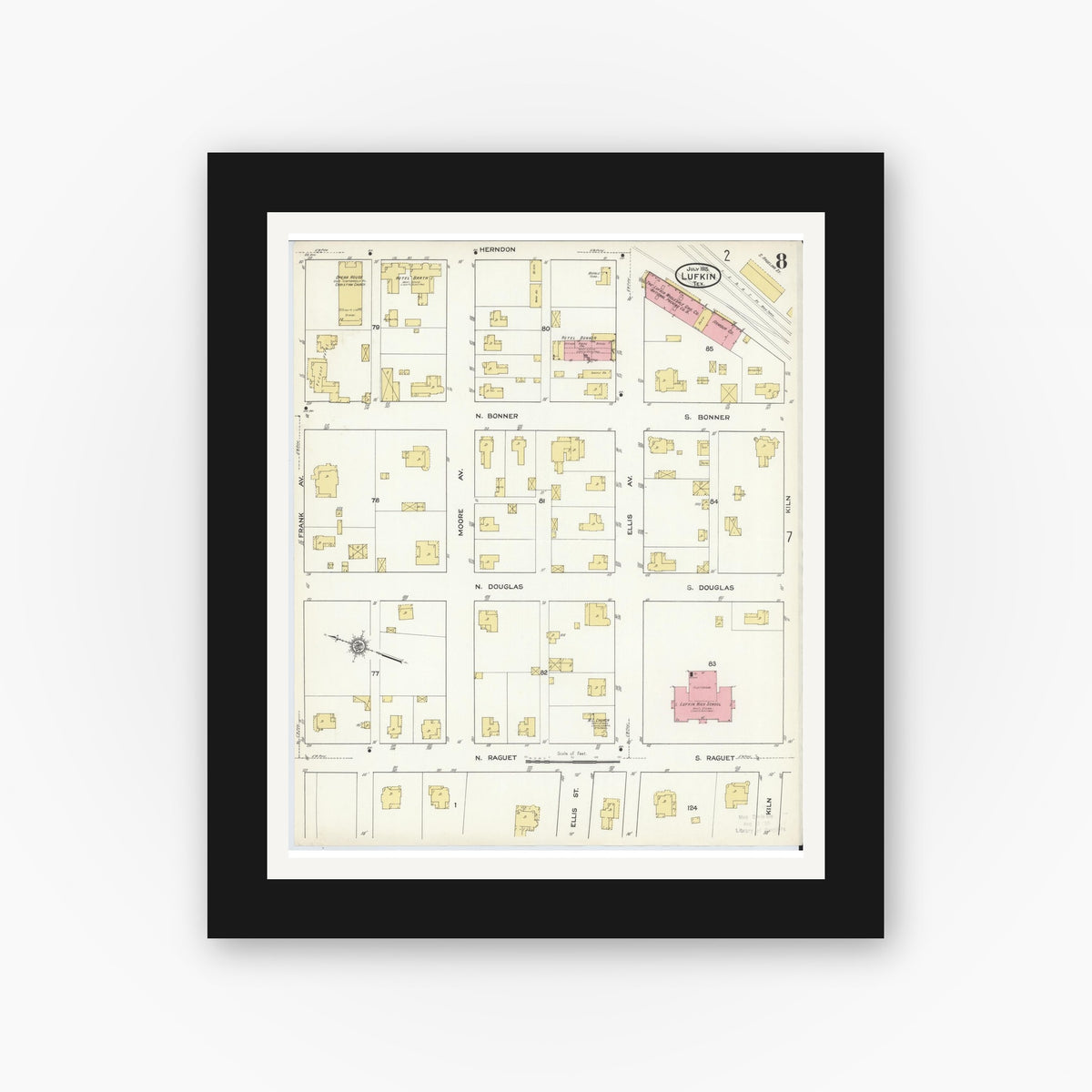 Old map wall art mockup — black gallery frame with white mat — Sanborn Fire Insurance Map from Lufkin, Angelina County, Texas (1915), Sheet #0008