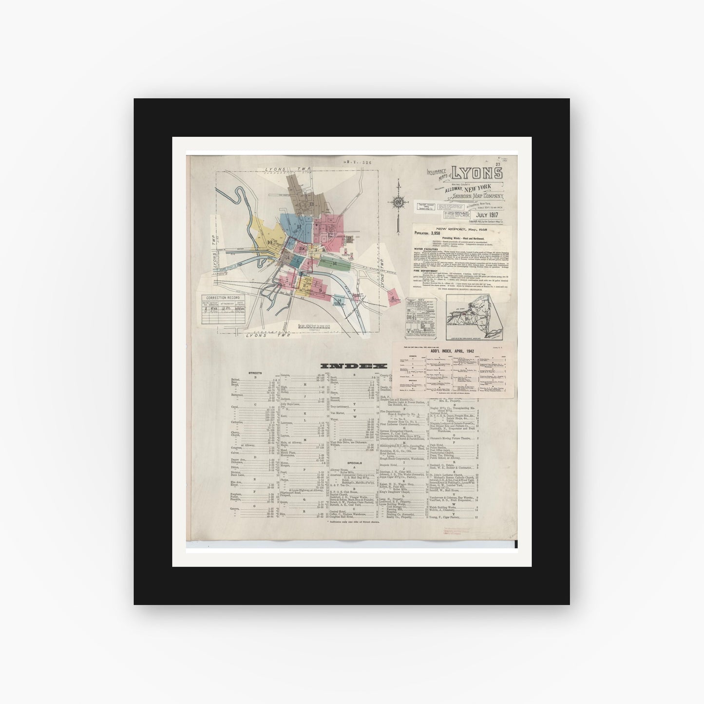 Old map wall art mockup — black gallery frame with white mat — Sanborn Fire Insurance Map from Lyons, Wayne County, New York (1949) - Complete Map Set