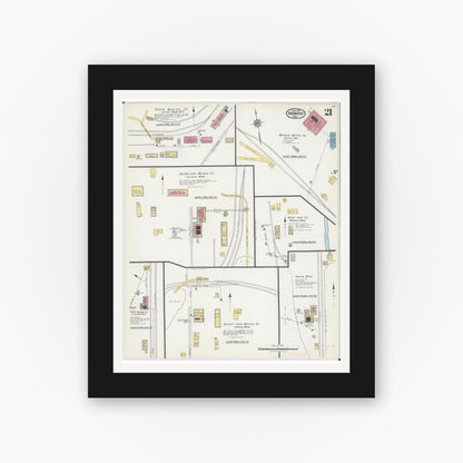 Old map wall art mockup — black gallery frame with white mat — Sanborn Fire Insurance Map from Hibbing, Saint Louis County, Minnesota (1921), Sheet #0021