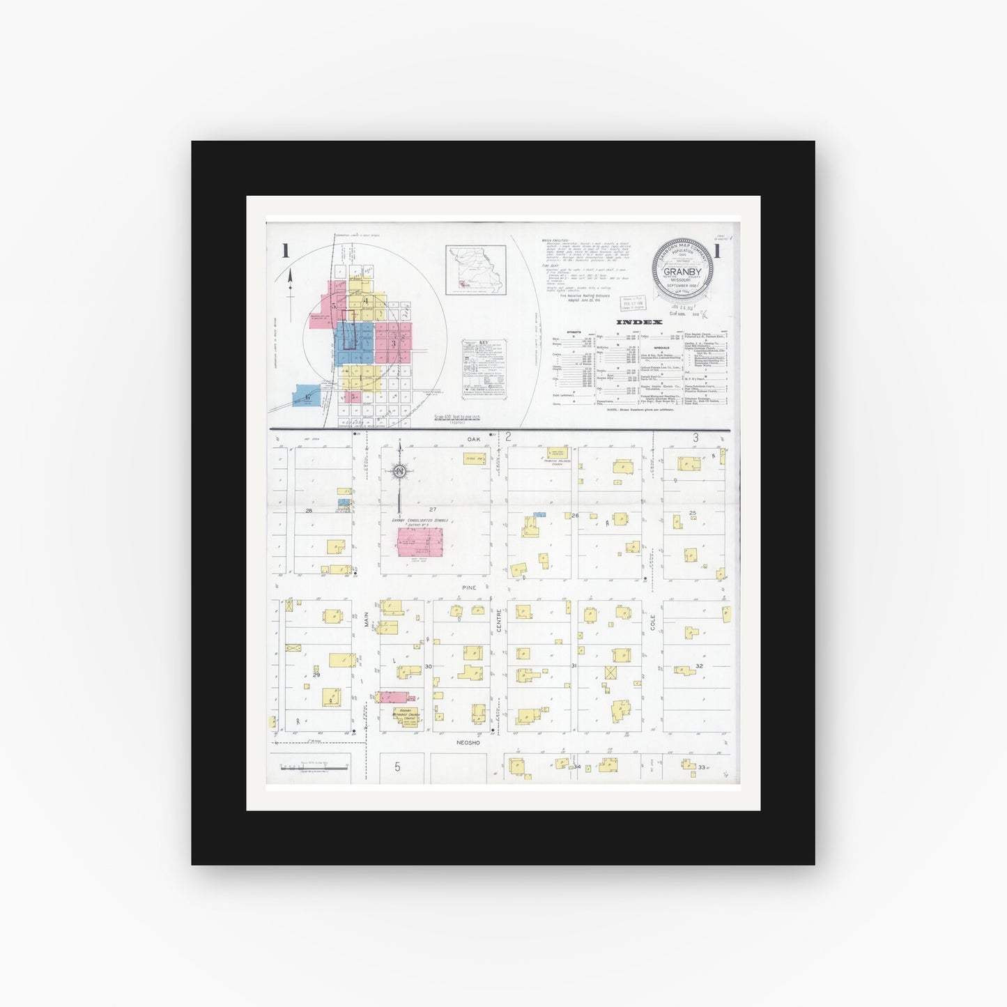 Old map wall art mockup — black gallery frame with white mat — Sanborn Fire Insurance Map from Granby, Newton County, Missouri (1930), Sheet #0001