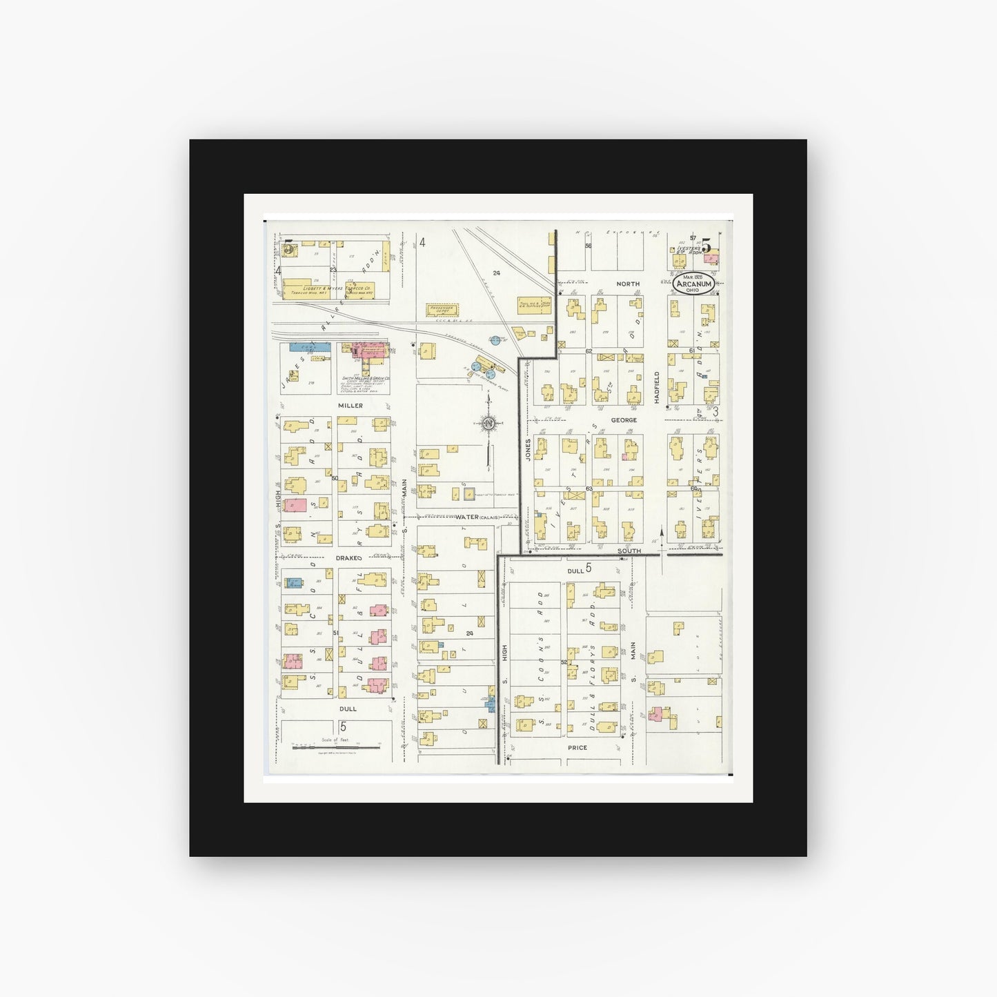 Old map wall art mockup — black gallery frame with white mat — Sanborn Fire Insurance Map from Arcanum, Darke County, Ohio (1926), Sheet #0005