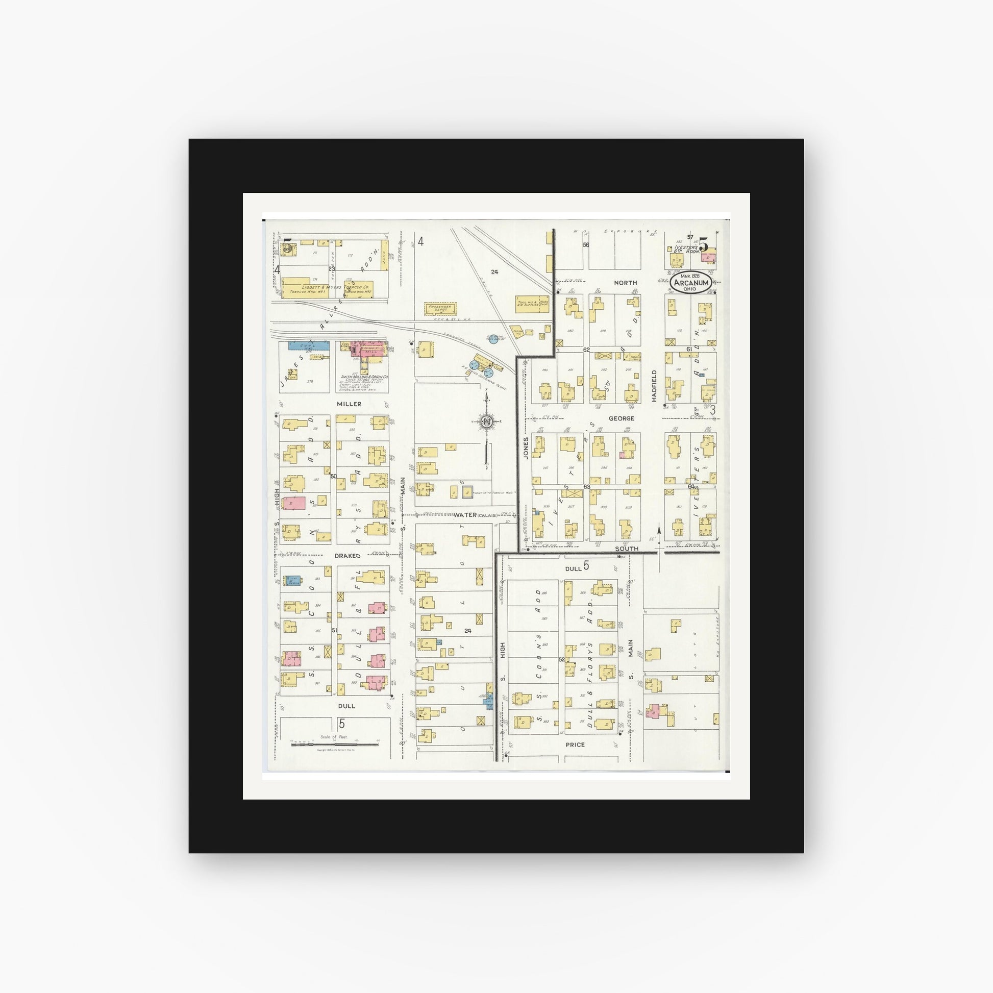Old map wall art mockup — black gallery frame with white mat — Sanborn Fire Insurance Map from Arcanum, Darke County, Ohio (1926), Sheet #0005