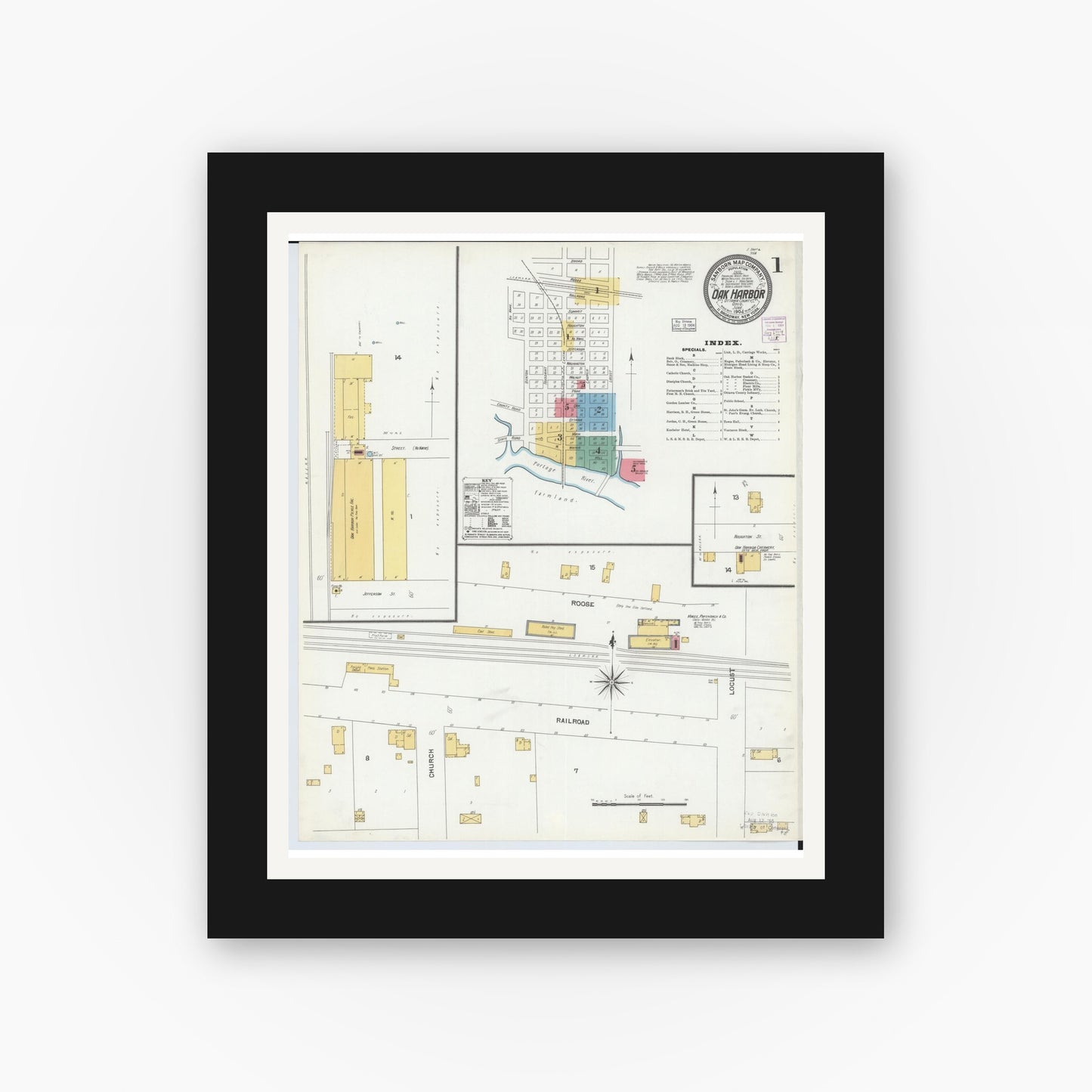 Old map wall art mockup — black gallery frame with white mat — Sanborn Fire Insurance Map from Oak Harbor, Ottawa County, Ohio (1904) - Complete Map Set