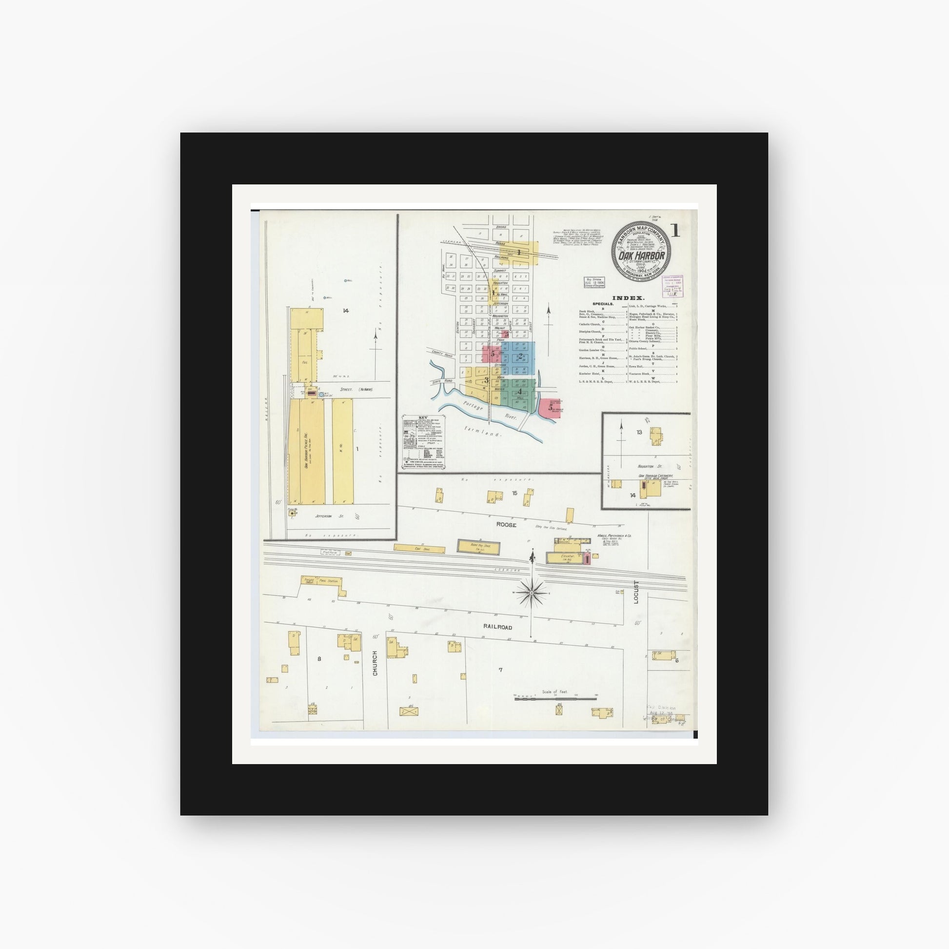 Old map wall art mockup — black gallery frame with white mat — Sanborn Fire Insurance Map from Oak Harbor, Ottawa County, Ohio (1904) - Complete Map Set
