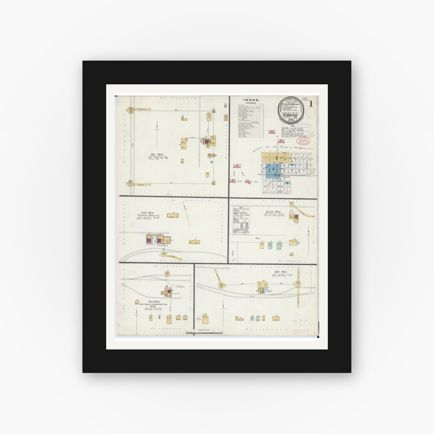 Old map wall art mockup — black gallery frame with white mat — Sanborn Fire Insurance Map from Hibbing, Saint Louis County, Minnesota (1897) - Complete Map Set