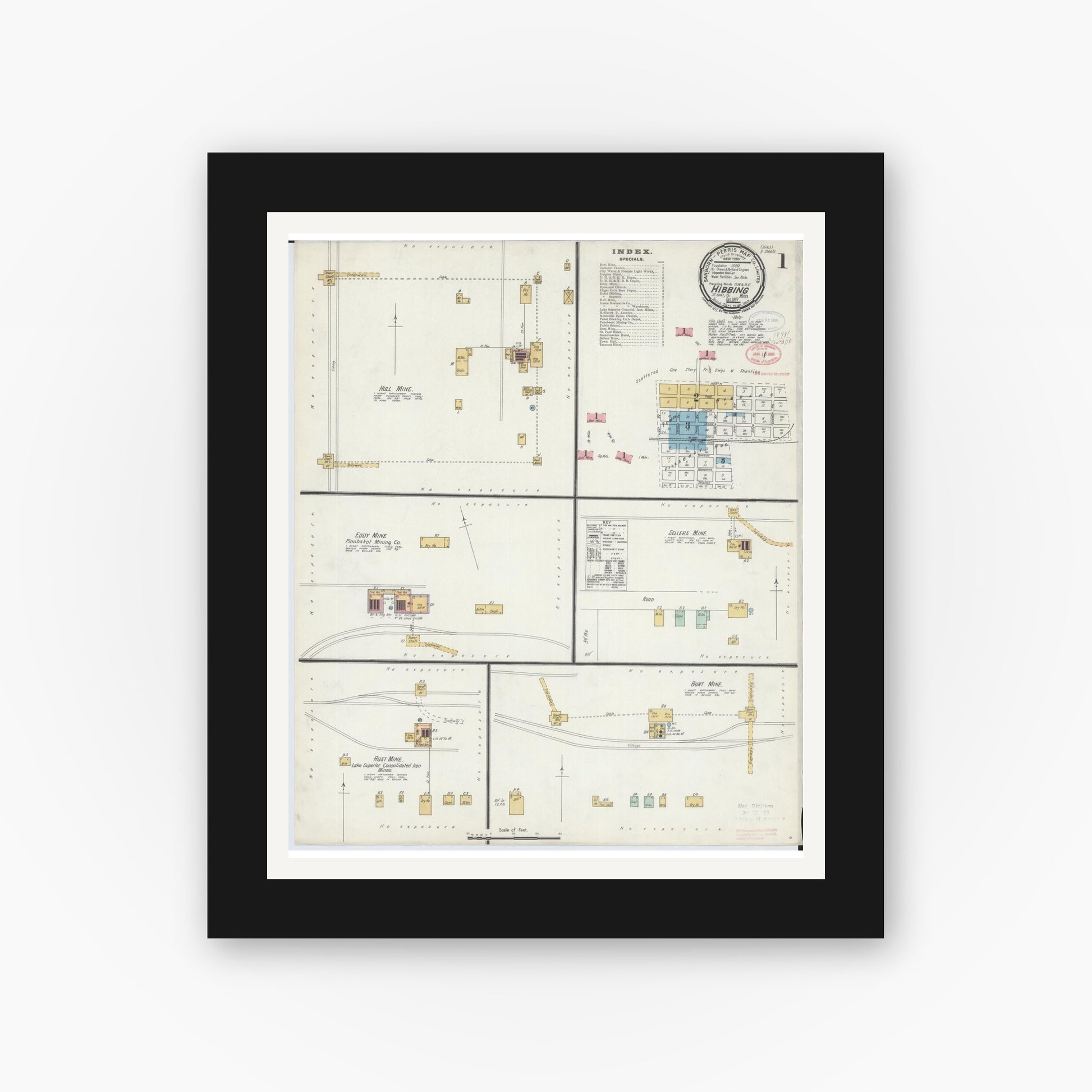 Old map wall art mockup — black gallery frame with white mat — Sanborn Fire Insurance Map from Hibbing, Saint Louis County, Minnesota (1897) - Complete Map Set