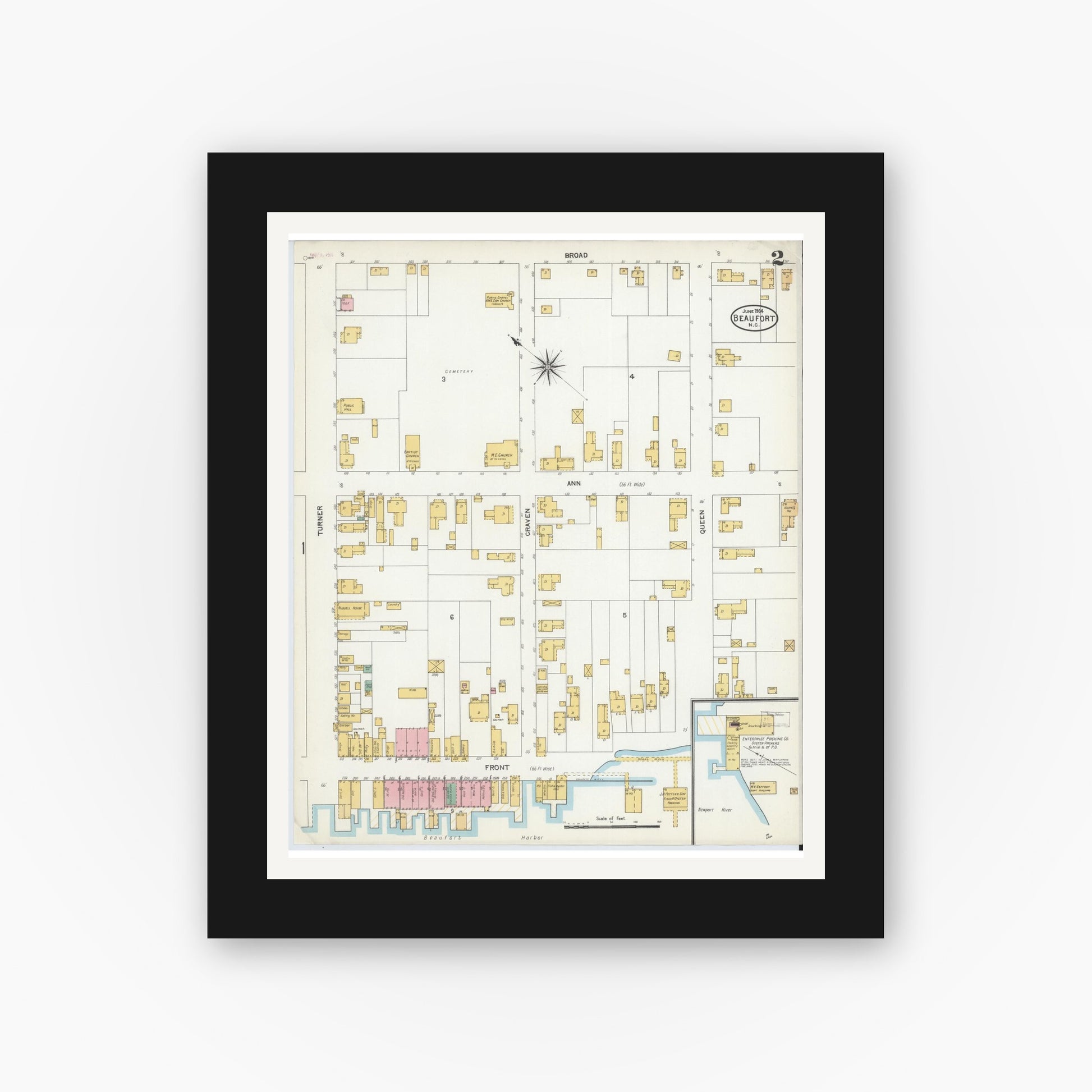 Old map wall art mockup — black gallery frame with white mat — Sanborn Fire Insurance Map from Beaufort, Carteret County, North Carolina (1904), Sheet #0002