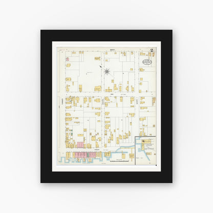 Old map wall art mockup — black gallery frame with white mat — Sanborn Fire Insurance Map from Beaufort, Carteret County, North Carolina (1904), Sheet #0002
