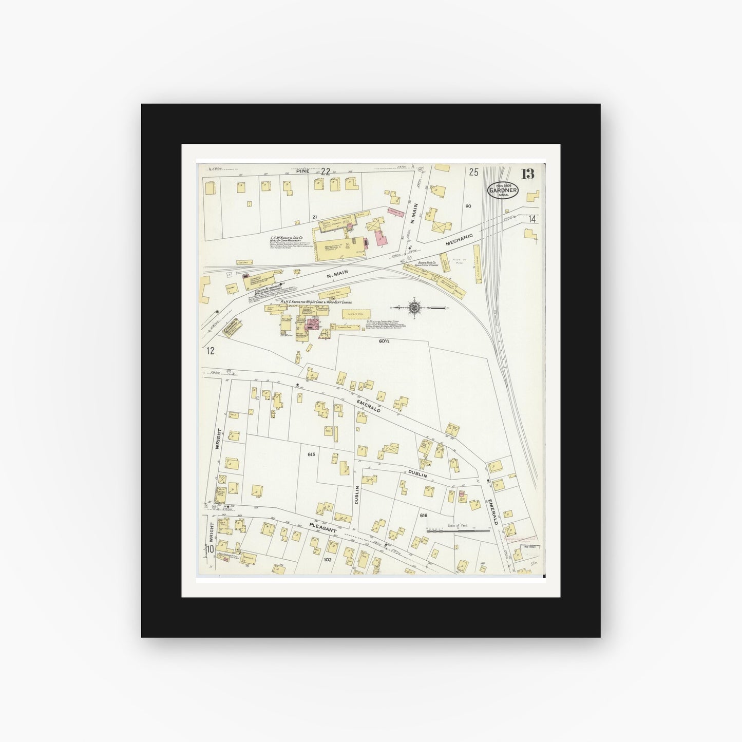 Old map wall art mockup — black gallery frame with white mat — Sanborn Fire Insurance Map from Gardner, Worcester County, Massachusetts (1909), Sheet #0013
