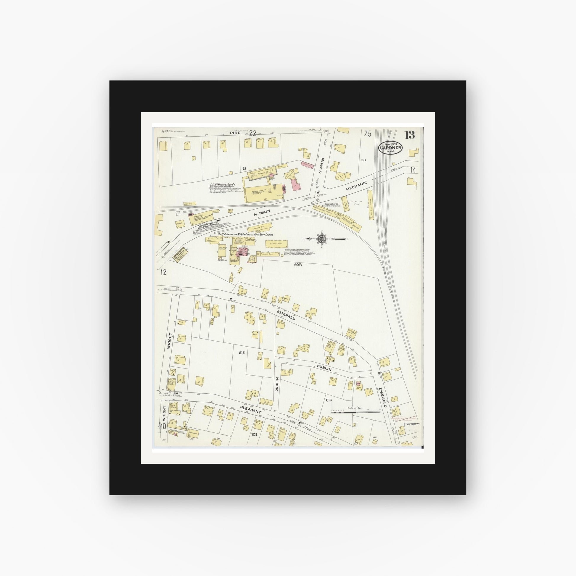 Old map wall art mockup — black gallery frame with white mat — Sanborn Fire Insurance Map from Gardner, Worcester County, Massachusetts (1909), Sheet #0013