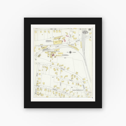Old map wall art mockup — black gallery frame with white mat — Sanborn Fire Insurance Map from Gardner, Worcester County, Massachusetts (1909), Sheet #0013