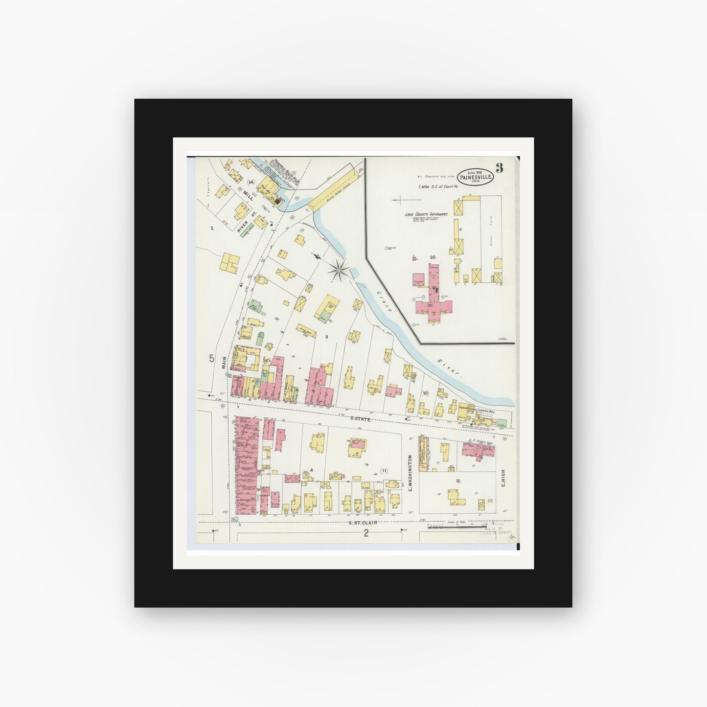 Old map wall art mockup — black gallery frame with white mat — Sanborn Fire Insurance Map from Painesville, Lake County, Ohio (1898), Sheet #0003