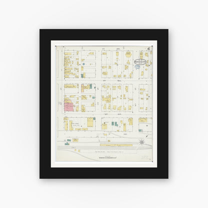 Old map wall art mockup — black gallery frame with white mat — Sanborn Fire Insurance Map from Worthington, Nobles County, Minnesota (1894), Sheet #0004