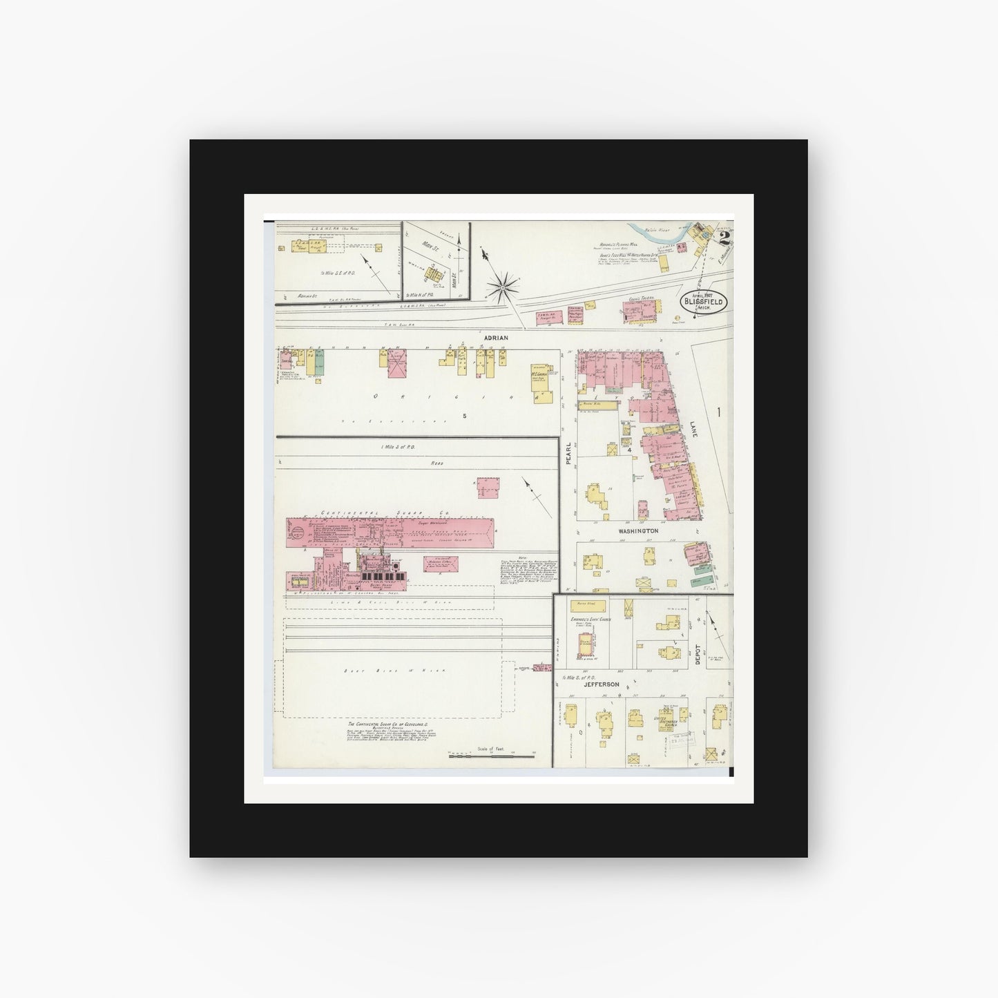 Old map wall art mockup — black gallery frame with white mat — Sanborn Fire Insurance Map from Blissfield, Lenawee County, Michigan (1907), Sheet #0002
