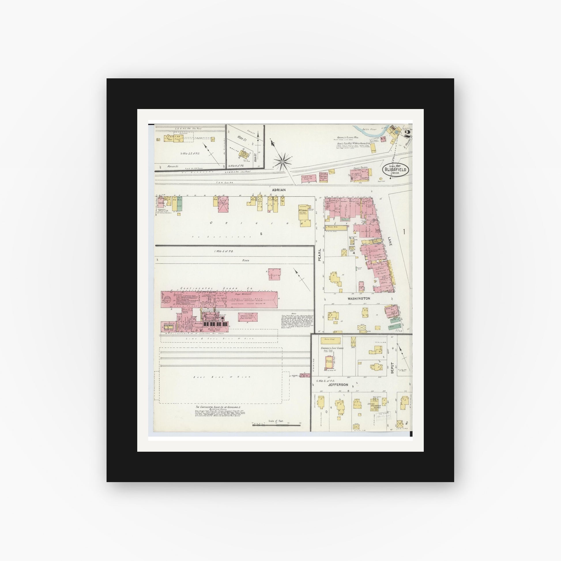 Old map wall art mockup — black gallery frame with white mat — Sanborn Fire Insurance Map from Blissfield, Lenawee County, Michigan (1907), Sheet #0002