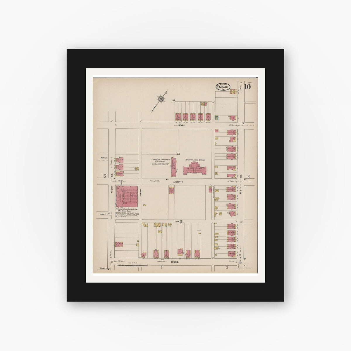 Old map wall art mockup — black gallery frame with white mat — Sanborn Fire Insurance Map from Emaus, Lehigh County, Pennsylvania (1922), Sheet #0010