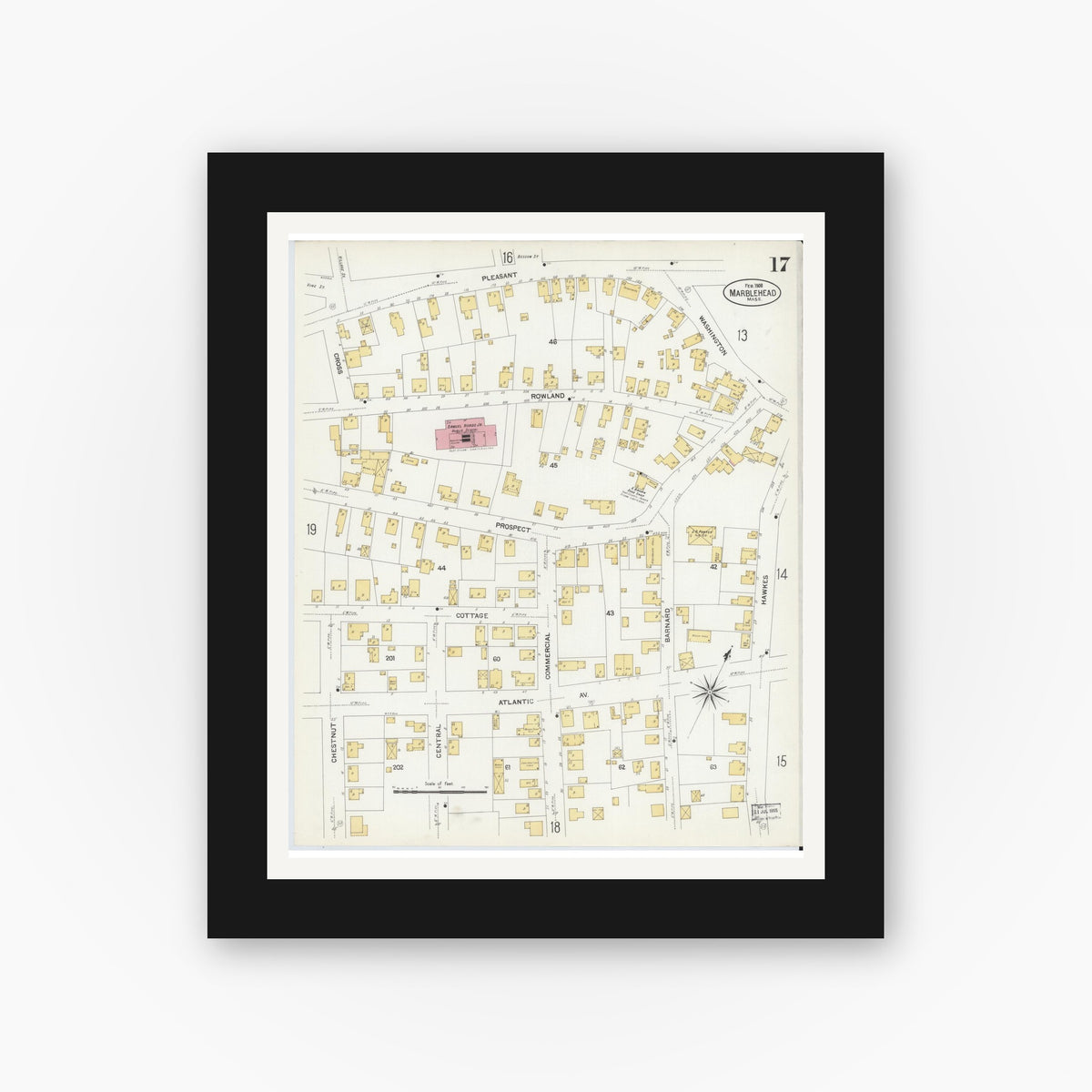 Old map wall art mockup — black gallery frame with white mat — Sanborn Fire Insurance Map from Marblehead, Essex County, Massachusetts (1908), Sheet #0017