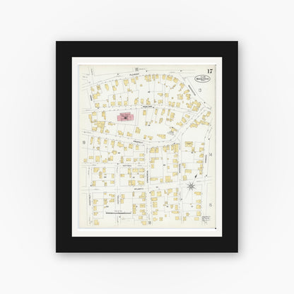 Old map wall art mockup — black gallery frame with white mat — Sanborn Fire Insurance Map from Marblehead, Essex County, Massachusetts (1908), Sheet #0017