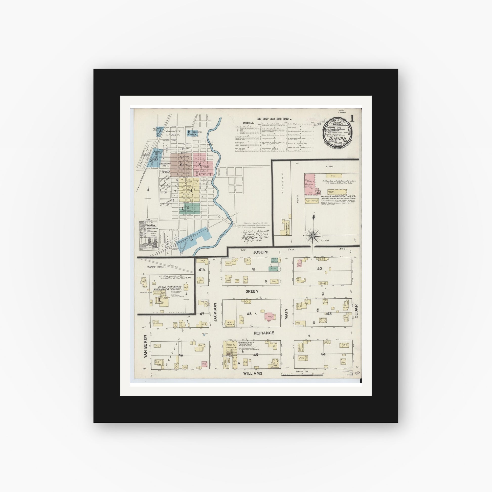 Old map wall art mockup — black gallery frame with white mat — Sanborn Fire Insurance Map from Auburn, De Kalb County, Indiana (1891), Sheet #0001