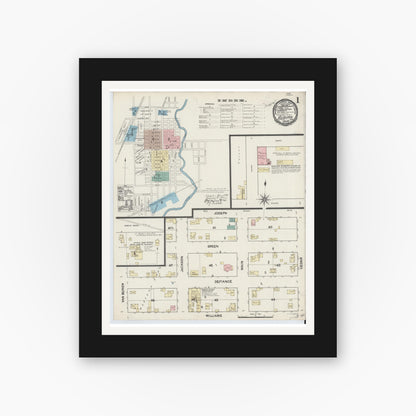 Old map wall art mockup — black gallery frame with white mat — Sanborn Fire Insurance Map from Auburn, De Kalb County, Indiana (1891), Sheet #0001