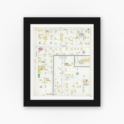 Old map wall art mockup — black gallery frame with white mat — Sanborn Fire Insurance Map from Bremen, Marshall County, Indiana (1905), Sheet #0004