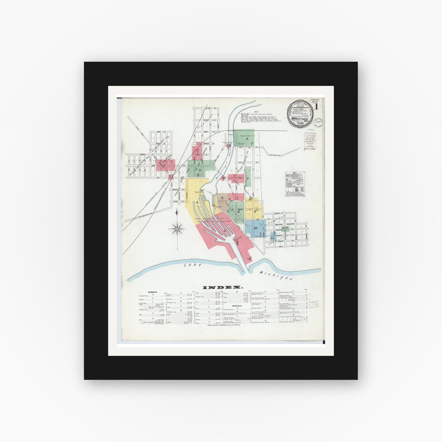 Old map wall art mockup — black gallery frame with white mat — Sanborn Fire Insurance Map from Manistique, Schoolcraft County, Michigan (1900), Sheet #0001