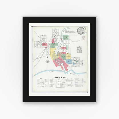 Old map wall art mockup — black gallery frame with white mat — Sanborn Fire Insurance Map from Manistique, Schoolcraft County, Michigan (1900), Sheet #0001