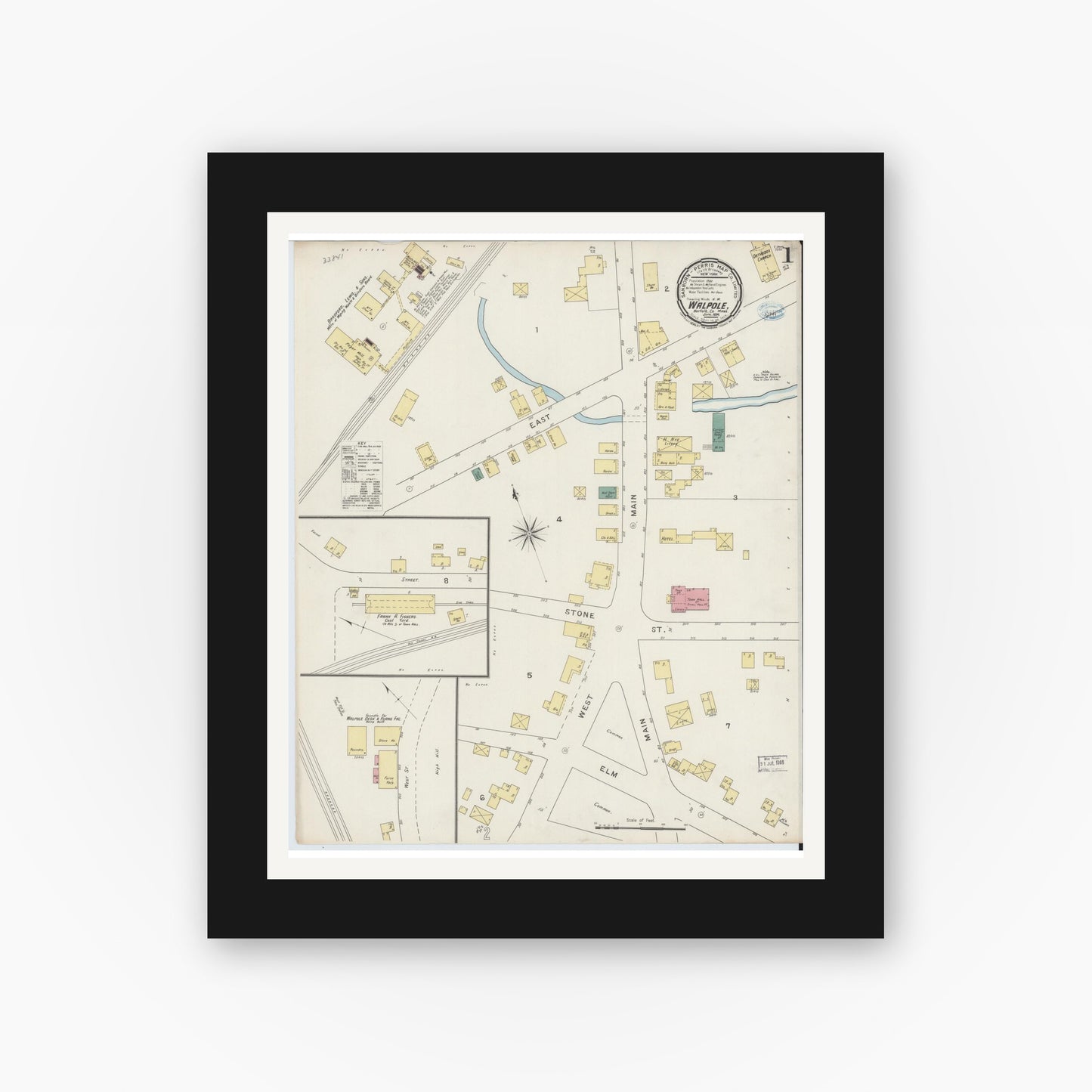Old map wall art mockup — black gallery frame with white mat — Sanborn Fire Insurance Map from Walpole, Norfolk County, Massachusetts (1894), Sheet #0001