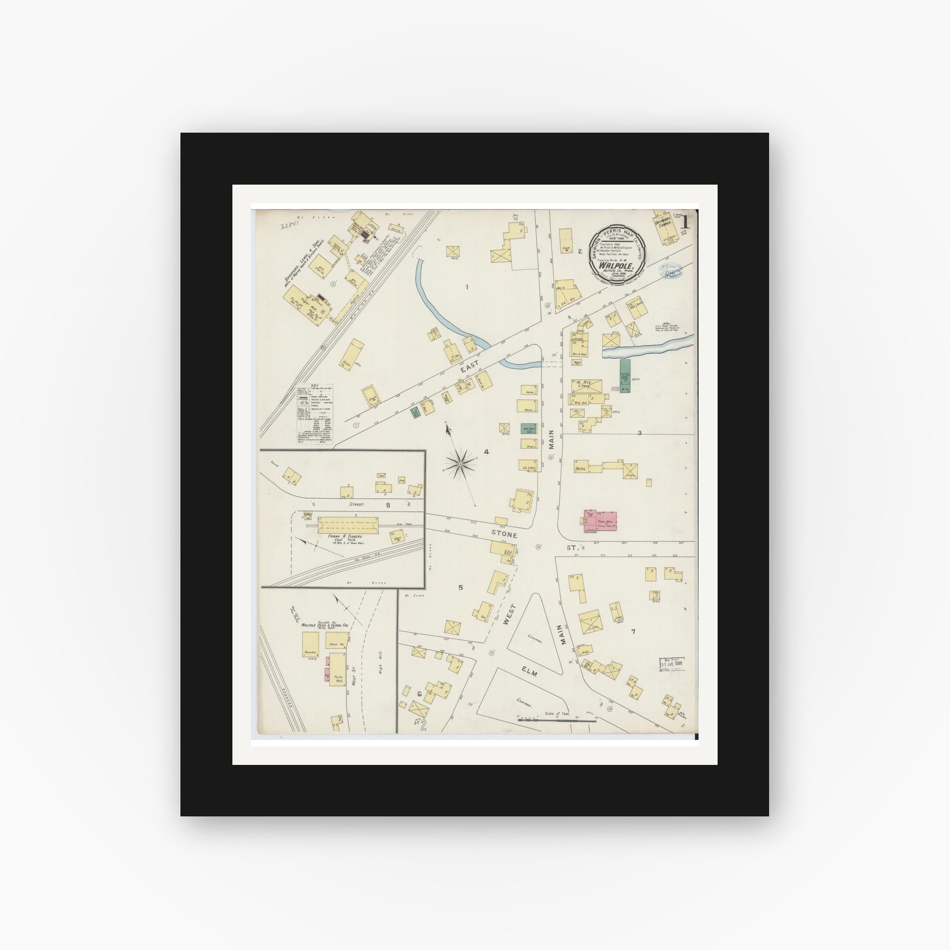 Old map wall art mockup — black gallery frame with white mat — Sanborn Fire Insurance Map from Walpole, Norfolk County, Massachusetts (1894), Sheet #0001