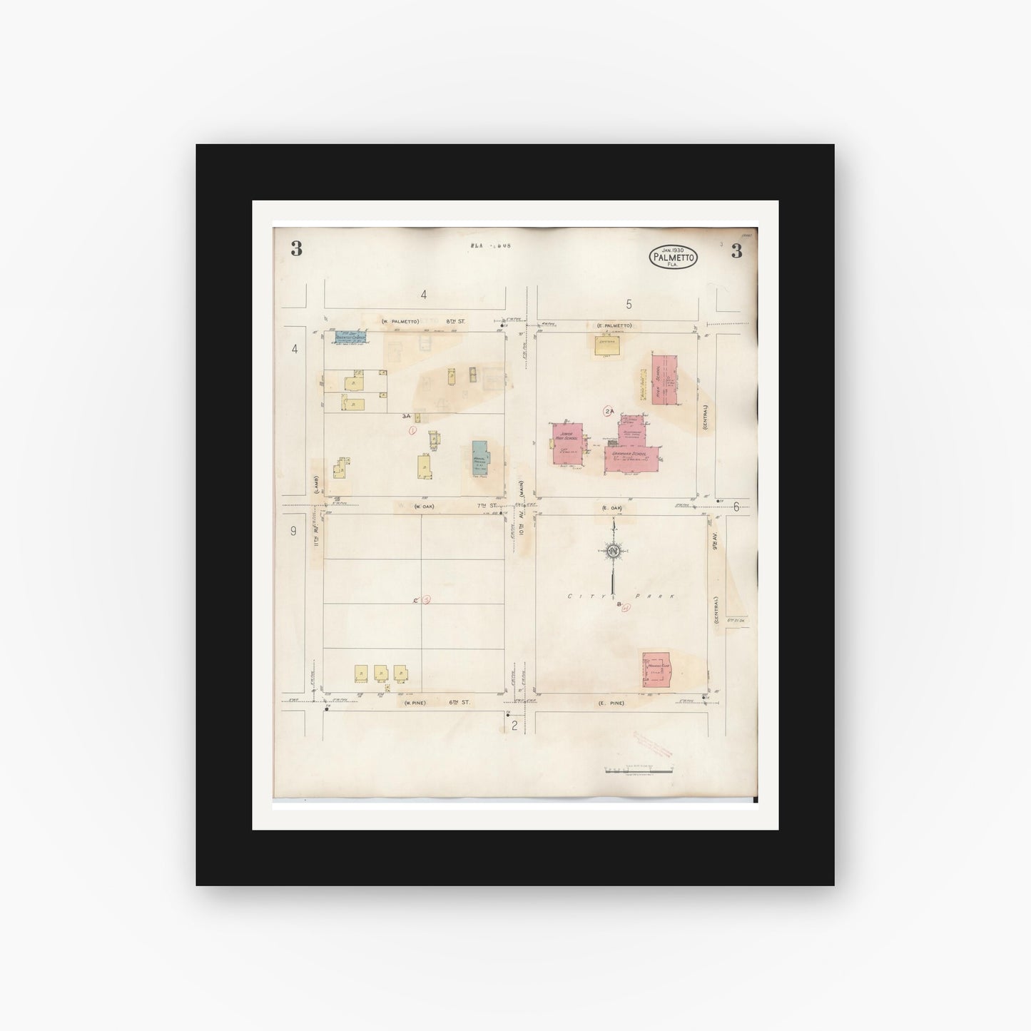 Old map wall art mockup — black gallery frame with white mat — Sanborn Fire Insurance Map from Palmetto, Manatee County, Florida (1944), Sheet #0003