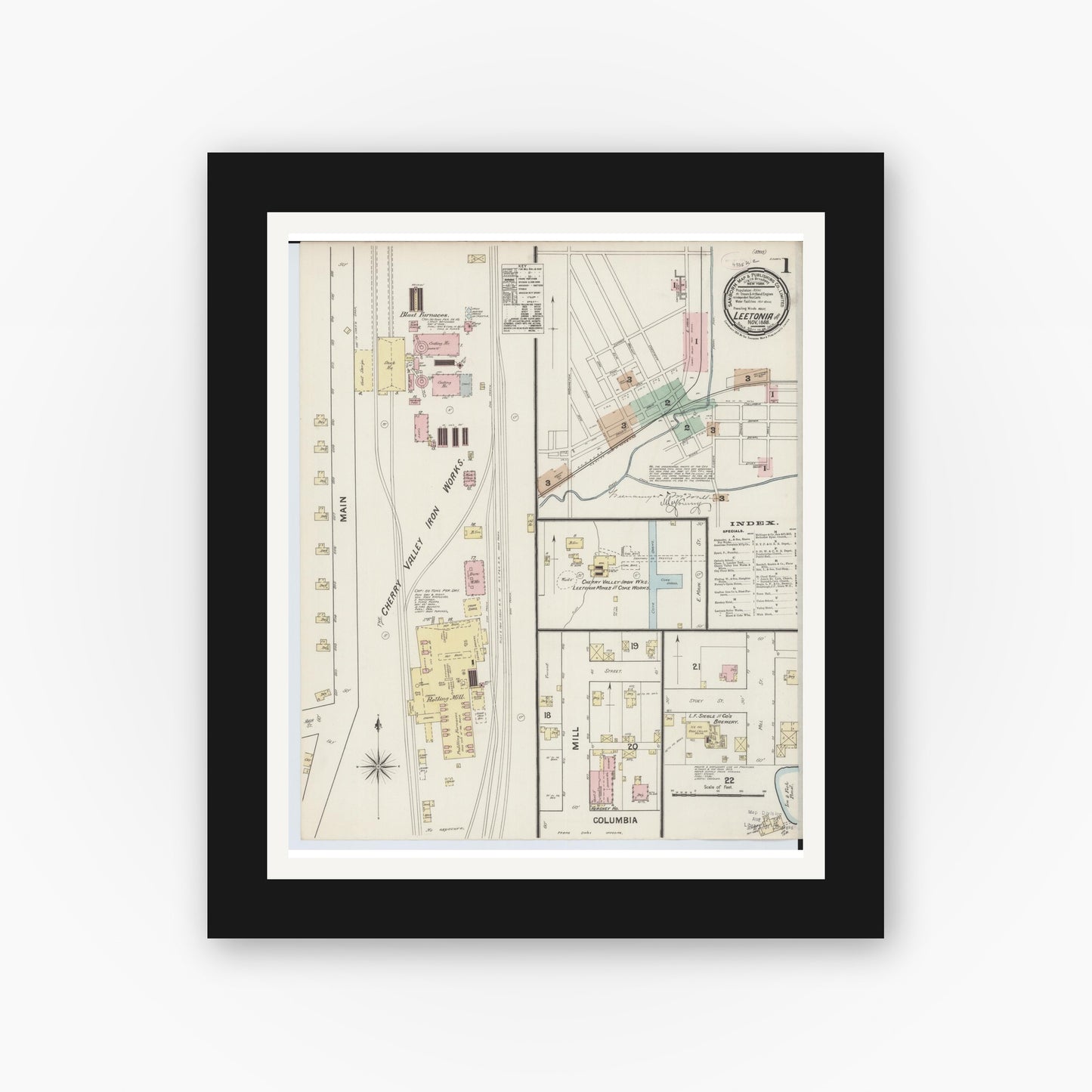 Old map wall art mockup — black gallery frame with white mat — Sanborn Fire Insurance Map from Leetonia, Columbiana County, Ohio (1888), Sheet #0001