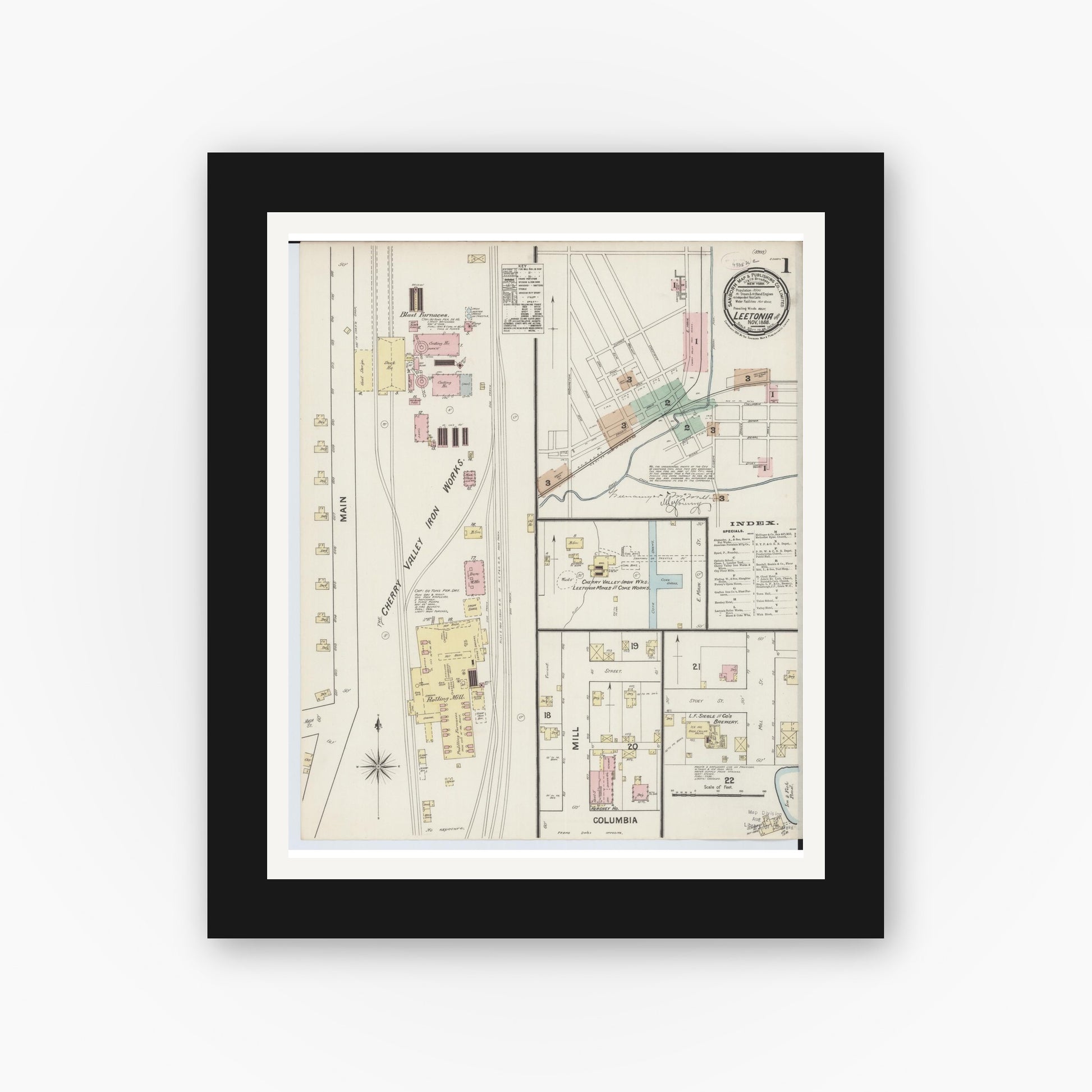 Old map wall art mockup — black gallery frame with white mat — Sanborn Fire Insurance Map from Leetonia, Columbiana County, Ohio (1888), Sheet #0001