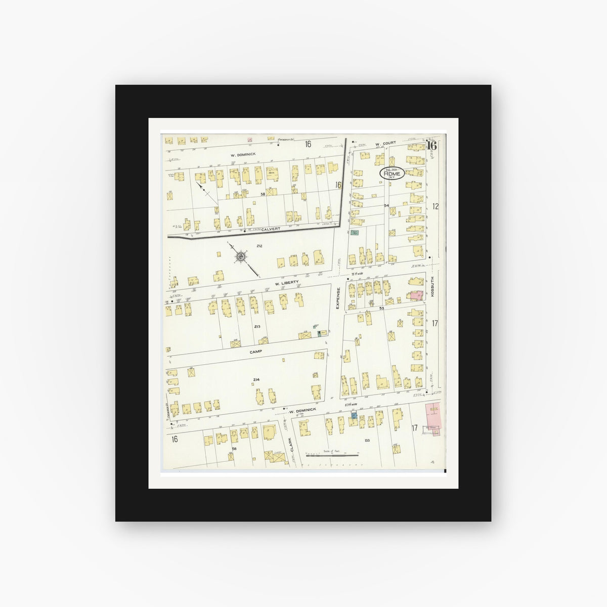Old map wall art mockup — black gallery frame with white mat — Sanborn Fire Insurance Map from Rome, Oneida County, New York (1909), Sheet #0016