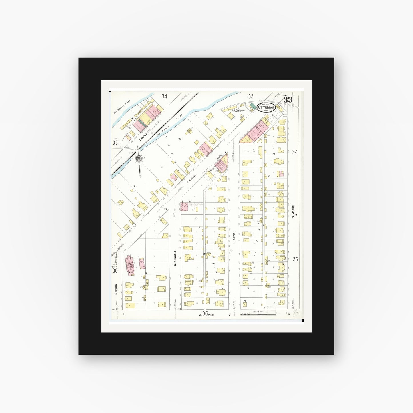 Old map wall art mockup — black gallery frame with white mat — Sanborn Fire Insurance Map from Ottumwa, Wapello County, Iowa (1909), Sheet #0033