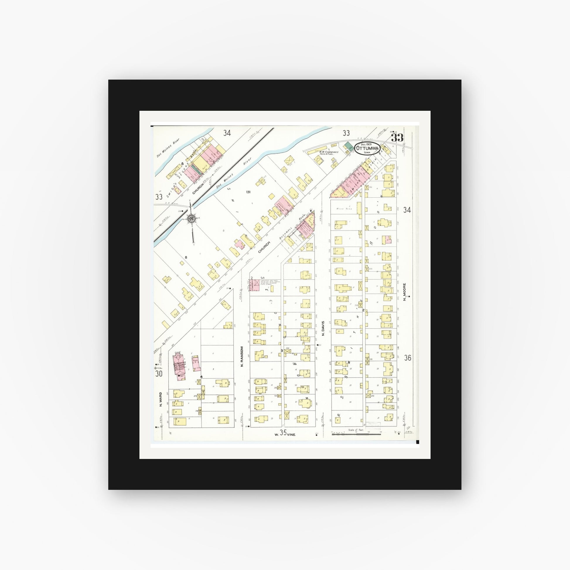 Old map wall art mockup — black gallery frame with white mat — Sanborn Fire Insurance Map from Ottumwa, Wapello County, Iowa (1909), Sheet #0033